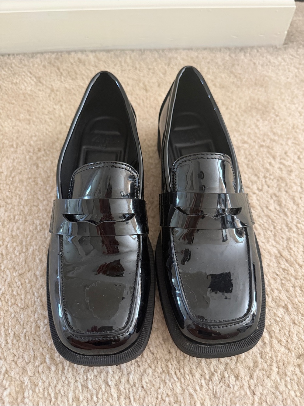Zara Black Patent Slip-On Penny Loafers